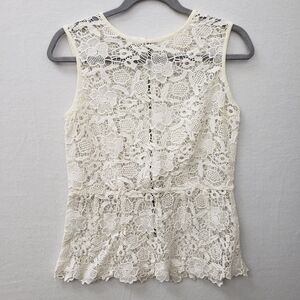 CAbi Lace Sm Peplum Top Sleeveless  Sheer Sexy Romantic Boho Zip Crochet Ivory